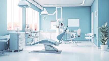 Interior of modern dental clinic with blue walls and dentistry equipment. 3d rendering