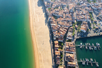 Aerial fly over above the french village of  Saint-Jean-de-Luz during summer	