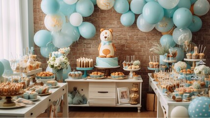 Candy bar with different sweet desserts and cupcakes. Birthday party