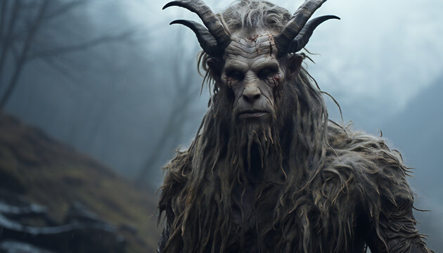 Recreation of a faun in a fog enchanted forest, mythological legendary creature of the roman mythology