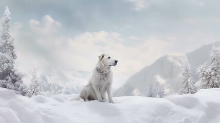 Naklejka premium Samoyed dog in the snowy mountains. Beautiful winter landscape.