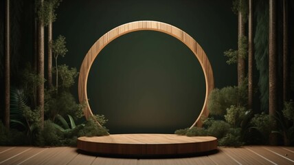 Empty wooden table in the forest. Mock up for display of product