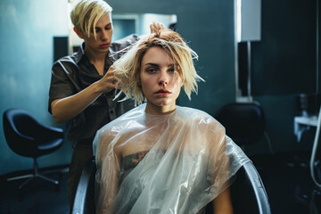 Professional hairdressing service: A skilled stylist crafts a perfect haircut and stylish hairstyle for her delighted client in the beauty salon