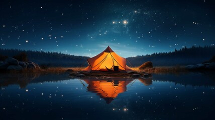 Tent on the lake in the mountains at night  - obrazy, fototapety, plakaty