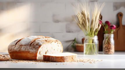 a loaf of bread on plain background, sourdough bread with a piece of linen and wheat, baking class, bakery banner with copy space - obrazy, fototapety, plakaty