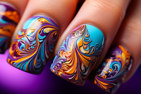 Mesmerizing close-up capture of a hand showcasing vibrant, psychedelic nail art with intricate swirl patterns on a plain background.
