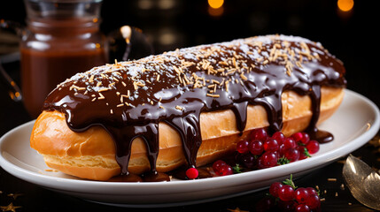 An exquisite eclair, a sweet cake loaded with luscious cream and topped with rich chocolate. 