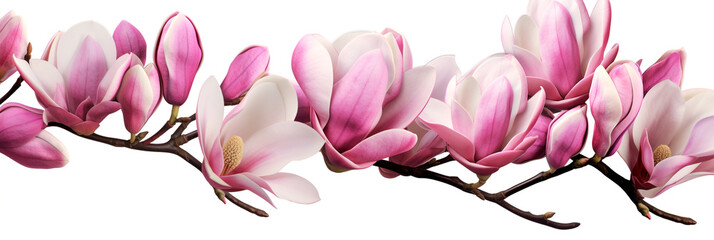 Elegant magnolia blooms with velvety petals on white background
