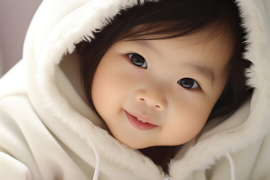 Adorable Asian Baby Kid Wrapped in Soft White Blanket and Hood, Perfect for Captivating Advertisements. created with Generative AI