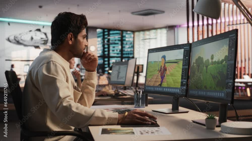 Aufkleber Indian Male Game Designer Using Desktop Computer With 3D modelling Software To Design Characters And World For Immersive Survival Video Game. Man Working In Game Development Company Diverse Office.