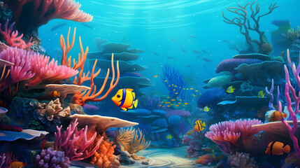 Fototapeta na wymiar Sea background with tropical fish and coral reefs