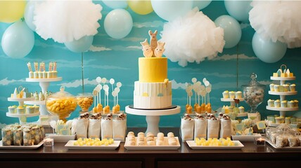 Candy bar with various sweets and cupcakes on a blue background - obrazy, fototapety, plakaty