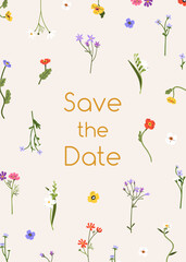 Save the Date, wedding inviting card design. Marriage ceremony, invitation background template with spring flowers frame, delicate blooms, floral plants, wildflowers. Flat vector illustration