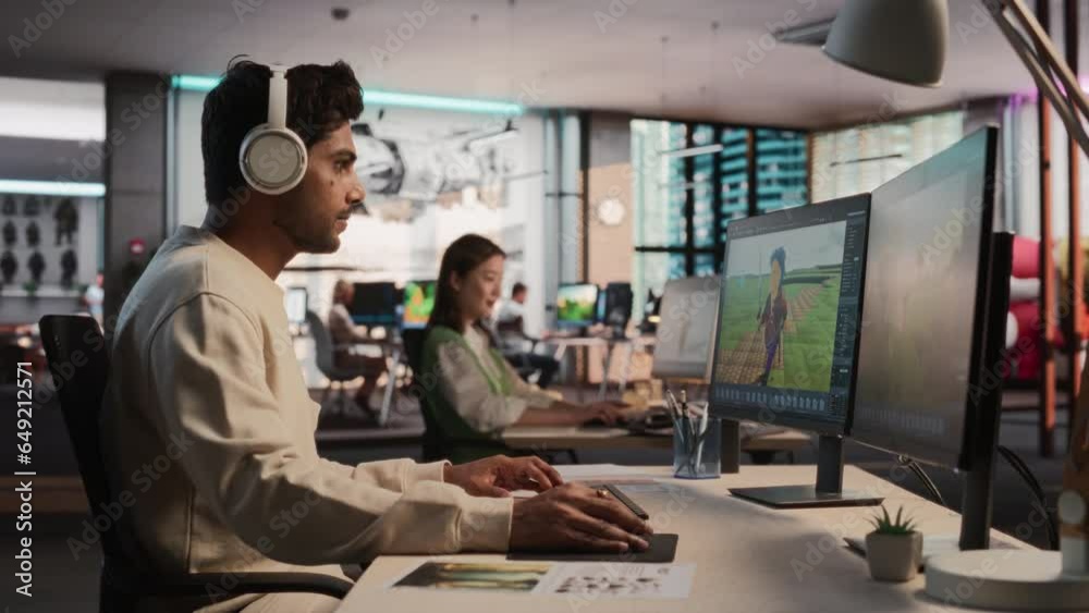 Fototapete Indian Male Game Developer Using Desktop Computer With 3D modelling Software To Design Characters And World For Immersive Survival Video Game. Man Working In Game Design Studio Diverse Office.