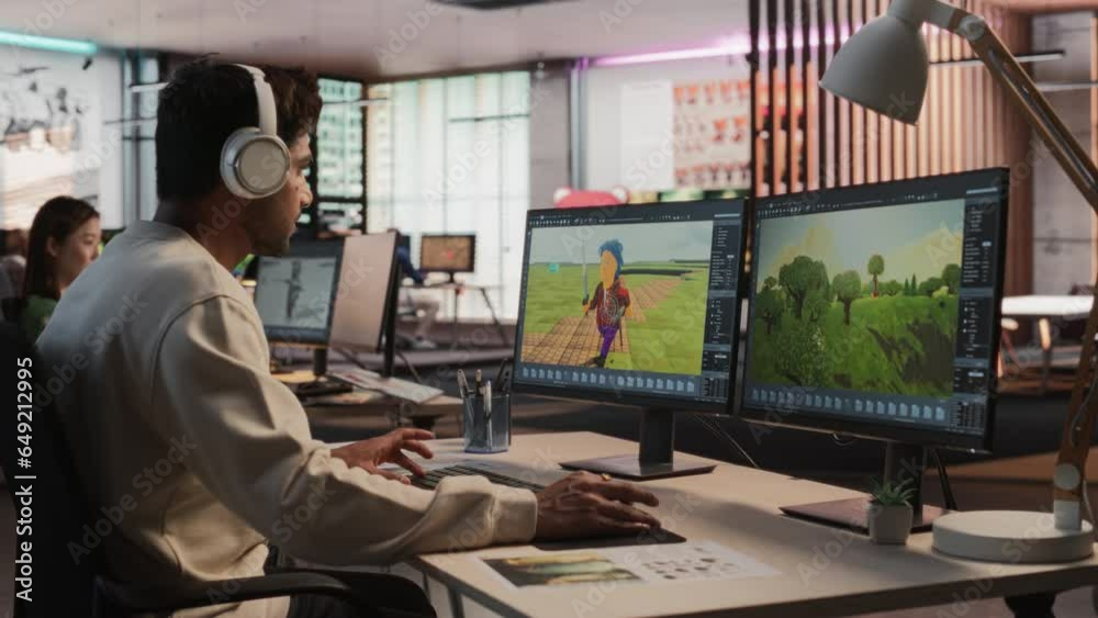 Aufkleber Indian Male Game Designer Using Desktop Computer With 3D modelling Software To Design Characters And World For Immersive Survival Video Game. Man Working In Game Development Studio Diverse Office.