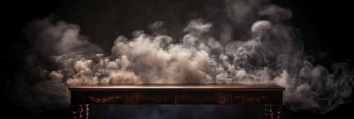 Wooden table with smoke float up on dark background