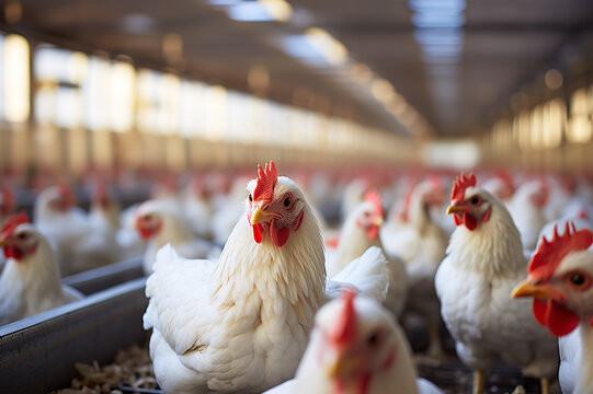Chickens feeding in a large poultry farm agriculture animal welfare indoor environment close-up view farming practi