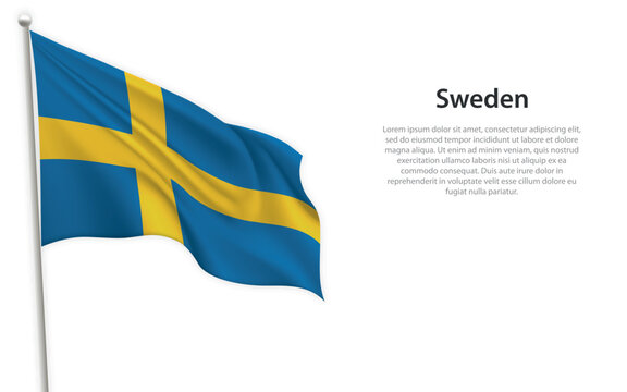 Waving flag of Sweden on white background. Template for independence day