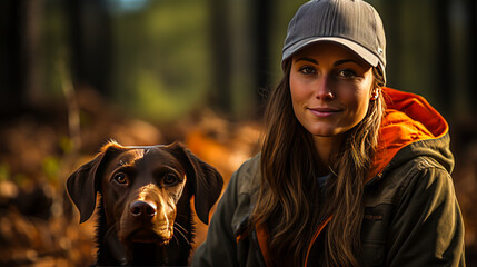 Captivating scene of skilled female hunter and her loyal dog meticulously tracking animal footprints in a tranquil forest, embodying unity, adventure & respect.
