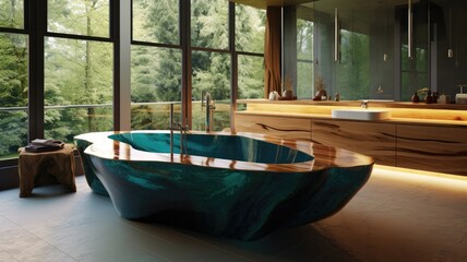 Epoxy resin bathtub in the modern bathroom with green designes. Generative AI Technology 