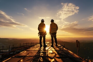 Fototapeta premium Construction roofing worker in a safety suit standing new covering of a tiled rooftop.