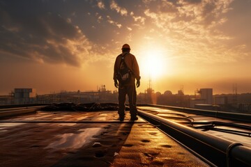 Construction roofing worker in a safety suit standing new covering of a tiled rooftop.
