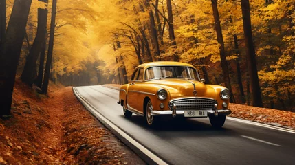 Poster Im Rahmen Vintage car driving on the road in the autumn forest © Tariq