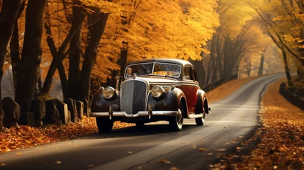 Zelfklevend Fotobehang Vintage car driving on the road in the autumn forest © Tariq