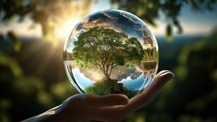 Hand holding a crystal glass sphere with green nature background.