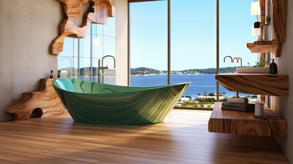 Epoxy resin bathtub in the modern bathroom with green designes. Generative AI Technology 