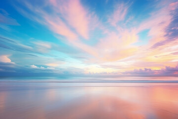 tropical sea and sand beach in the background of a beautiful sunset sky with long exposure clouds....