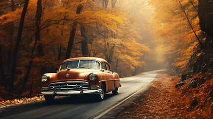 Vintage car driving on the road in the autumn forest - obrazy, fototapety, plakaty