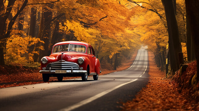 Fototapeta Vintage car driving on the road in the autumn forest