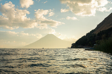 Lake Atitlan in Guatemala. San Pedro Volcano and Toliman Volcano in the background