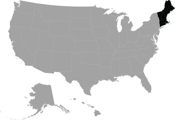 Black Map of US federal states of New England region within the gray map of United States of America