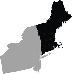 Black Map of US federal states of New England region within the gray map of Northeast region of United States of America - obrazy, fototapety, plakaty