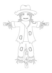 Black and white scarecrows on wooden sticks vector illustration. Coloring page of scarecrows on wooden sticks