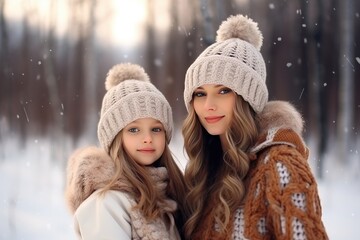 Fototapeta premium A mother and her daughter are enjoying a beautiful winter day filled with love and happiness.