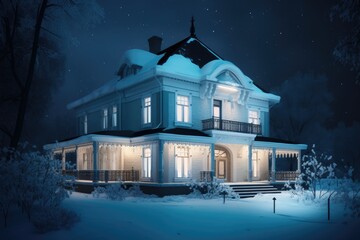 A picturesque winter night in a snow-covered village with charming houses and festive Christmas lights creating a magical atmosphere.