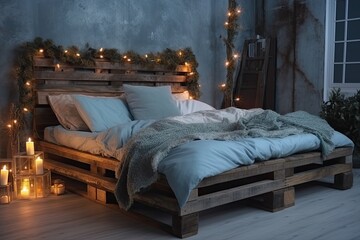 A modern and stylish bedroom with bright and cozy decor, wooden furniture and a cozy atmosphere.