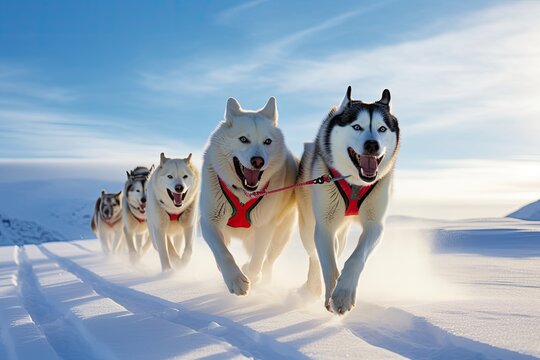 Harnessed Siberian Huskies race across a snowy landscape, representing strength and teamwork.