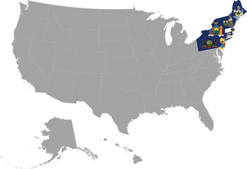 Map of US federal states of Northeast region with state flag within the gray map of United States of America