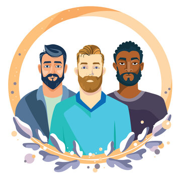 Three Men of different race and skin color portrait in flat modern style.International Men's Day banner,poster design.Vector illustration.Father's day concept different Men with beards