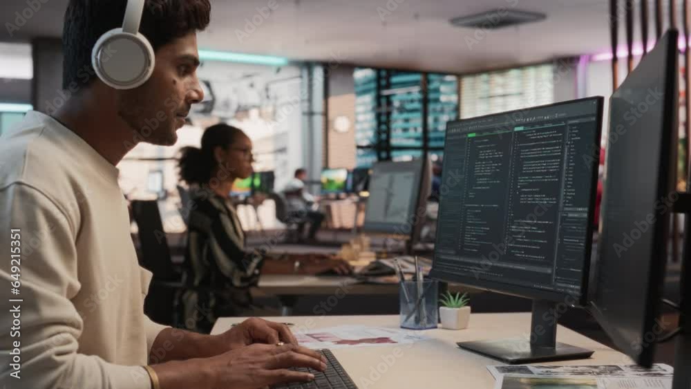 Poster Male Indian Game Programmer Coding On Desktop Computer In Game Development Studio Diverse Office. Focused Man Writes Lines Of Code, Does Gameplay Engineering For New Immersive 3D Survival Video Game.