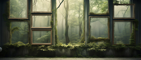 Wall with frames and forest outside the window