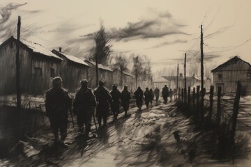 World War II prisoner of war POW camp scene illustration.
