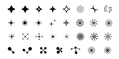Set of retro graphic shapes, stars, sparkles, blinks, round tribal stickers, metaballs, y2k symbols, vector black badges. - obrazy, fototapety, plakaty