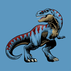 Blue T-Rex With Red Stripe Hand Draw Illustration in Vintage Style