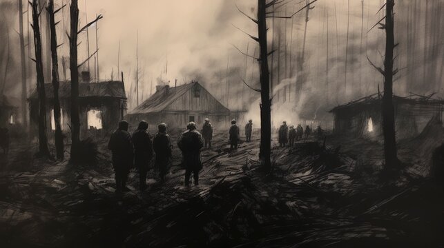 World War II prisoner of war POW camp scene illustration.