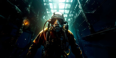 Obraz premium diver inspecting the bottom of a ship. Generative AI